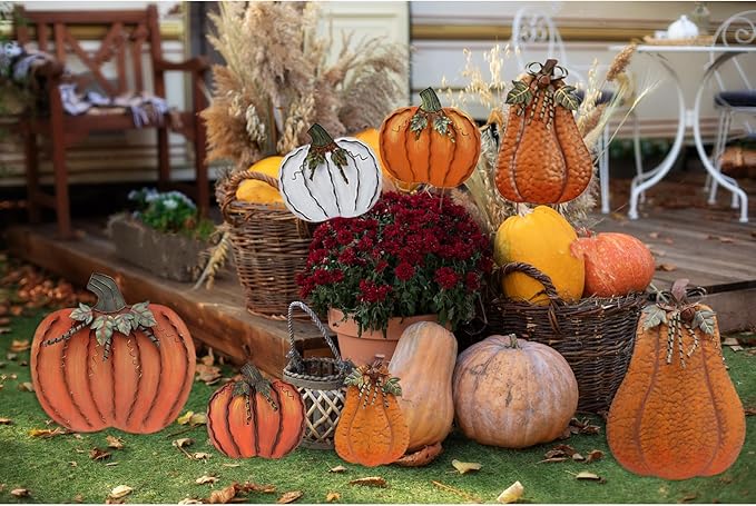 Metal Pumpkin Garden Stakes - Autumn Decorative Yard Signs - Indoor Outdoor Plant Flower Stake Fall Lawn Ornaments Pumpkin Decoration for Harvest Halloween (17.5"+20"-A)