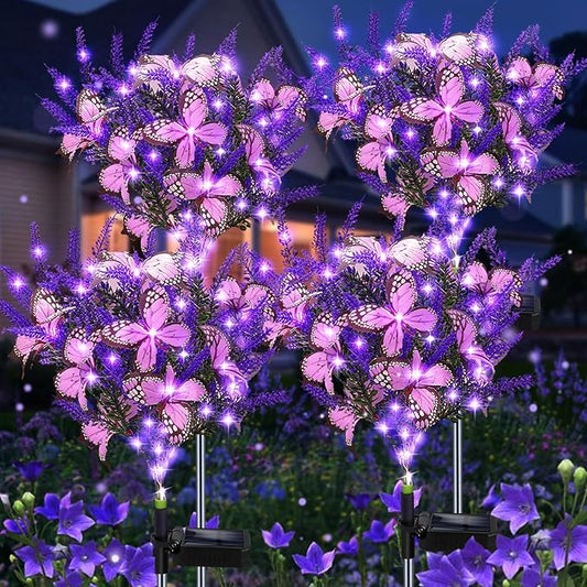 Solar Garden Lights Outdoor, 4 Pack Purple Lavender Solar Butterfly Lights Gardening Gifts for Women,Artificial Flowers Light Purple Halloween Garden Decor for Patio Yard Lawn Christmas