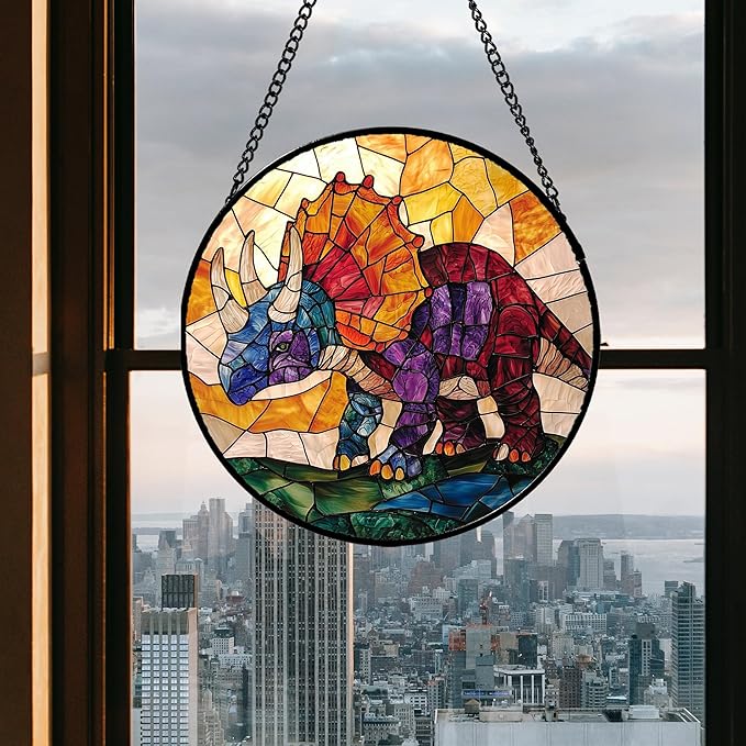 Stained Glass Window Hanging - Triceratops Abstract Dinosaur Suncatcher for Door Terrace Garden Home Decor, Orange Red Sun Catcher Birthday Gifts for Lovers Women Men Dad Mom Nana 7.8 in