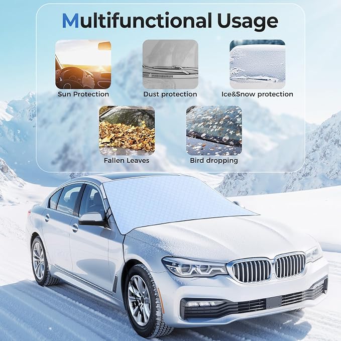 FLORICH Car Windshield Cover for Ice and Snow Heavy Duty Fabric with Side Mirror Cover,Standard Winter Frost Hail Protector for Most Car, Truck, SUV, Van and MPV (66x 47Inch)