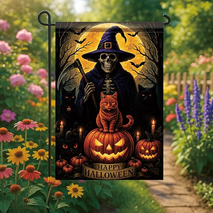 Halloween Garden Flag Witch Skeleton Cat Pumpkin Flag 12x18 Inch Double Sided Outdoor Yard Banner for Trick or Treat Haunted House Halloween Decoration Decor