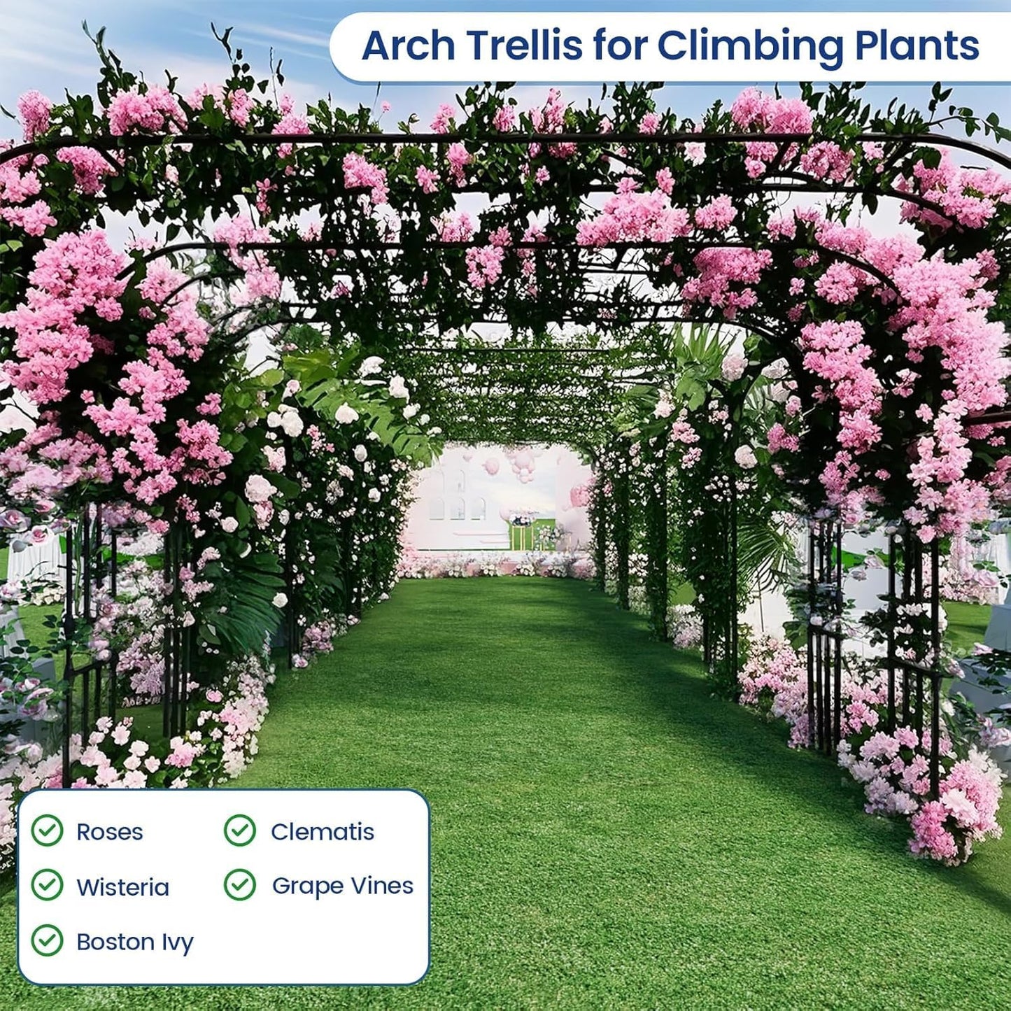 Garden Arch Arbor Trellis, 126" L x 94.5" H, Metal Archway for Climbing Plants Outdoor, Wide Sturdy Garden Arch for Lawn, Party, Ceremony Wedding Decoration