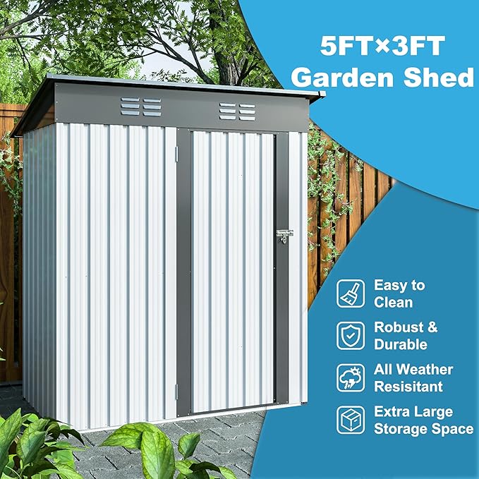 Outdoor Storage Shed, 5x3 FT Galvanized Steel Metal Shed, Lockable Waterproof Tool Storage Sheds for Garden, Patio, Lawn – Durable Storage Solution in Multiple Sizes