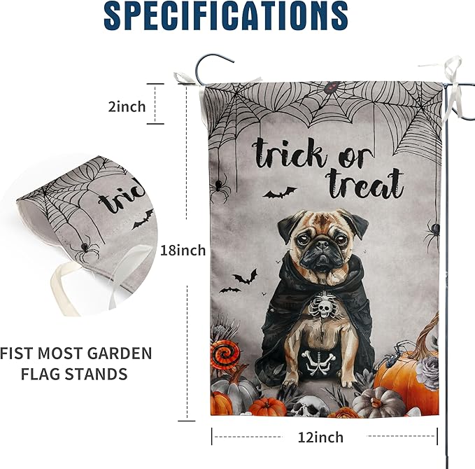 Halloween Pug Garden Flag Trick or Treat Yard Flag Ghost Dog Garden Flags for Outside 12x18 Double Sided Small Dachshund Skeleton Halloween Decor Outdoor Lawn Welcome Flag