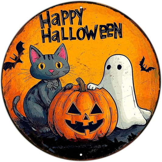 PEACHGARDEN Round Halloween Black Cat Vintage Sign Happy Halloween Pumpkin Metal Tin Sign for Home Bar Kitchen Hotel Dining Room Coffee 12x12inch