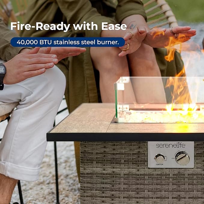 SereneLife Outdoor Propane Fire Pit Table - CSA/ETL Certified Safe 50,000 BTU Pulse Ignition Weatherproof Square Wicker Propane Gas Fire Table w/Tile Tabletop Adjustable Flame - Glass Rocks