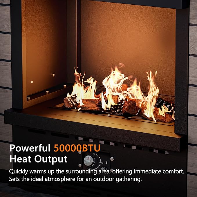 Outdoor Propane Fireplace, 50,000 BTU Gas Fire Pit with Ceramic Logs, Rain Cover, 63 Inch Steel Metal Smokeless Fireplace for Patio, Deck, CSA Certified (63 x 41 Inch)