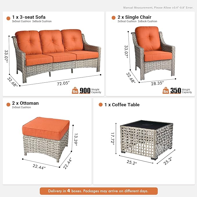 6 Pieces Patio Outdoor Furniture Set,All Weather Wicker Rattan Patio Seating Sofa and Chair Set w/Ottoman and Glowing Coffee Table,Outdoor Conversation Sets for Deck Yard Garden,Red