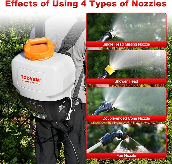 Toovem 4 Gallon Battery Powered Backpack Sprayer - Electric Garden Sprayer with 18V Strong Battery, Automatic Pressurization, 4 Nozzles, Comfortable Design for Lawn, Garden, Farms & Orchards Spraying
