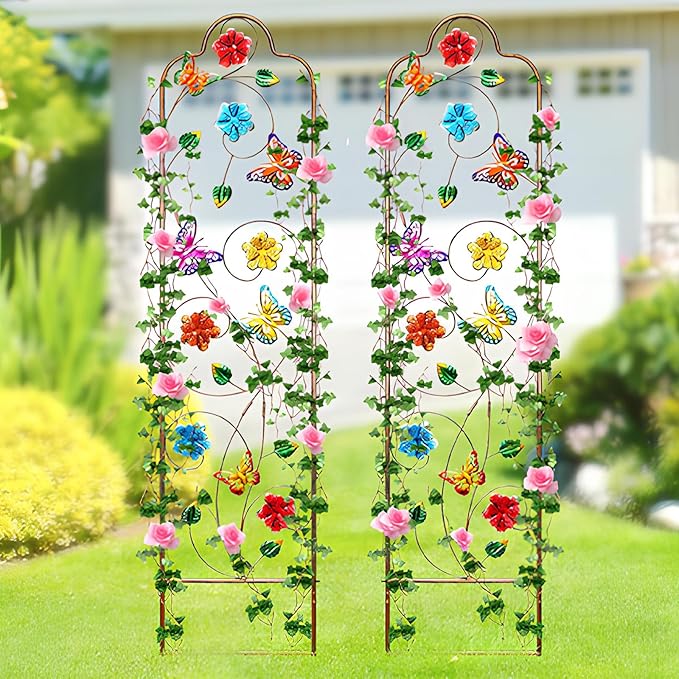 2-Pack Metal-Garden-Trellis Plant-Support-Trellises Outdoor-Decoration Arched-Fence-Trellis - for Climbing Plants Patio Lawn Yard Backyard Wall Brackets 60'' H x 12'' W Colorful Butterfly