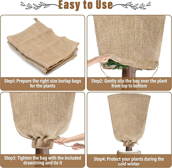Riare 4 Packs 40 × 47 Inch Burlap Winter Plant Cover Bags with Drawstring- Reusable Large Burlap Sack Plant Frost Protector, Plant Frost Cloth Cold Tree Freeze Blanket for Outdoor Plants Fruit Shrubs