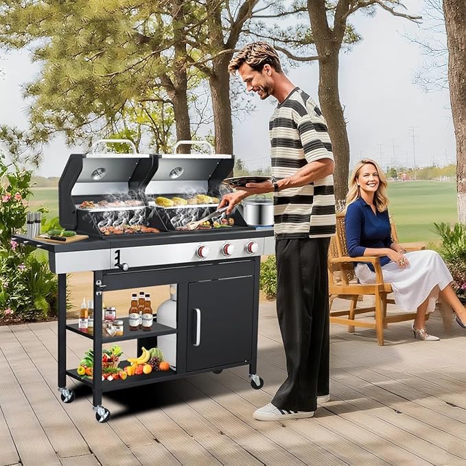3-Burner Propane Gas and Charcoal Combo Grill with Side Burner - 37,230 BTU, Stainless Steel, Enameled Cast Iron Grates for Outdoor BBQ