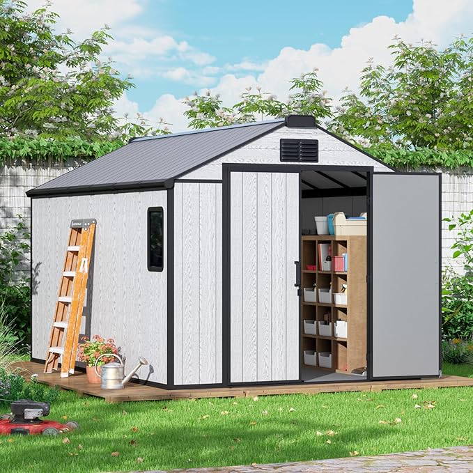 MELLCOM 8 x 12 FT Resin Outdoor Storage Shed with Floor, Outdoor Storage Tool Shed with Windows and Lockable Door, Resin Garden Shed for Lawnmower, Bike, Pool Supply
