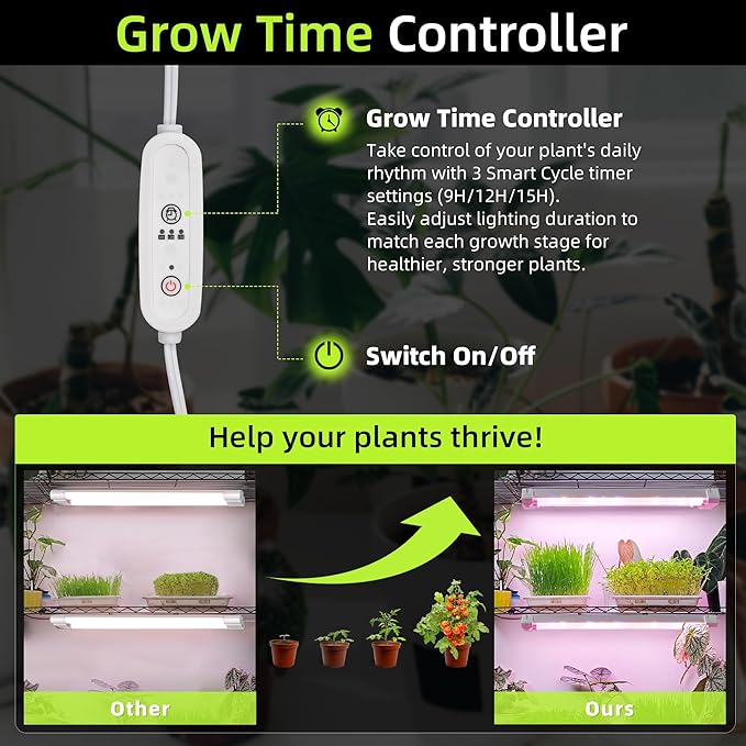 Hlite 16inch Adjustable Full Spectrum Plant Growing Lamps- Linkable Grow Lights for Indoor Plants Plug and Hanging Design with On/Off Switch Timer Hanging Grow Light from Seedling to Flowering，White