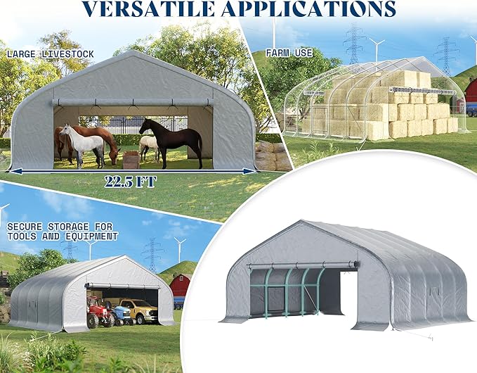 AMERLIFE 22.5 x 20FT Heavy Duty Double Carport, Galvanized Steel Frame Garage Shelter,Outdoor Storage, Waterproof 3-Layer PE Cover, Fits 2 Cars, Boat, Farm Equipment, Silver Grey