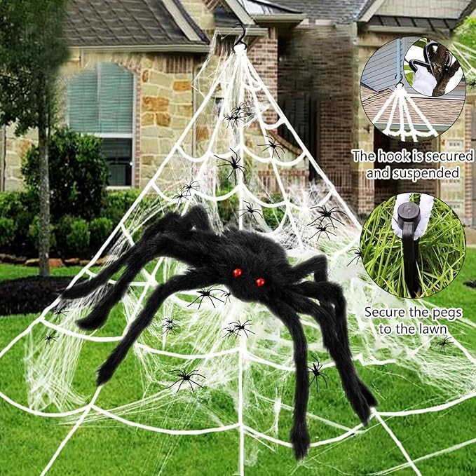 276" Halloween Spider Web 59" Giant Spider Decorations 20 Fake Spiders with Triangular Huge Spiders Web for Yard Lawn Garden Patio Scary Outside Decor-Indoor Haunted House Prop Party Halloween Décor