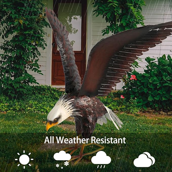 Kircust Garden Sculpture & Statue, Bald Eagle Large Outdoor Statues Metal Yard Art, Majestic America Eagle Bird Décor for Patio Yard and Lawn, 40.6-Inch Wide