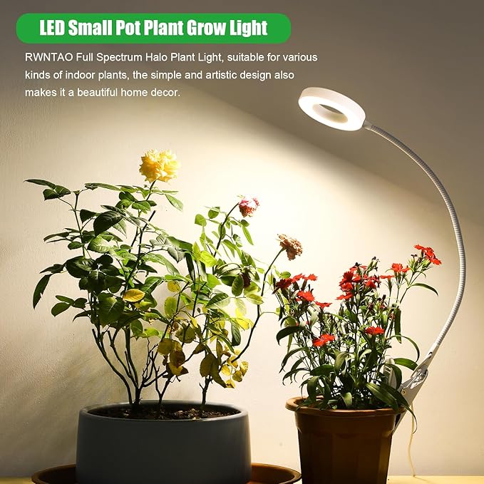Halo Ring Grow Lights Pot Clip for Small Indoor Plants, 48LEDs Full Spectrum Plant Light with 360 Degree Gooseneck, 10 Dimmable, 3/9/12H Timer, 3000K+6000K, 2.54 Inch Angel Ring 1 Pack (White)