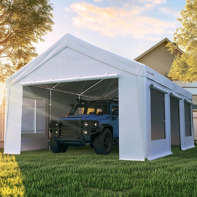 Quictent Heavy Duty 12x20 ft Carports with Side Zipper Doors & Snowproof Steel Cables & Ventilated Windows, Waterproof Storage Shelter for Car, Boat, RV, Outdoor Equipment, White