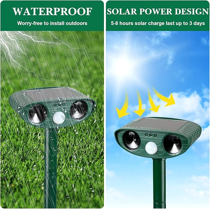 Ultrasonic Animal Repeller Outdoor Solar Ultrasonic Repellent Animal Deterrent with Motion Sensor Waterproof Deterrent Scarer Repel Cat Dog Squirrel Raccoon Skunk Rats (Green,4 Pack)