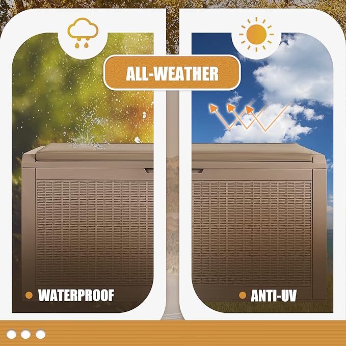 Devoko 100 Gallon Waterproof Large Resin Deck Box Outdoor Storage Box Indoor Lockable Storage Container with Cushion for Patio Furniture Garden Pool Cushions (Light Brown)