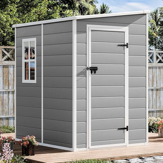 Resin Storage Shed 5 x 4 FT: Outdoor Resin Sheds with Floor, Plastic Waterproof Patio Outdoor Storage Shed with Lockable Door & Windows,Tool Sshed Storage for Garden Backyard Patio Lawn, Gray