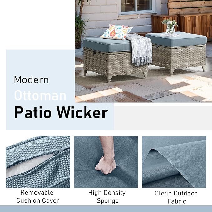 Wicker Outdoor Conversation Set-6 Pieces Outdoor Wicker High Back Couch with Swivel Rocker Chairs Patio Furniture for Deck Poolside Backyard-Light Grey/Light Blue