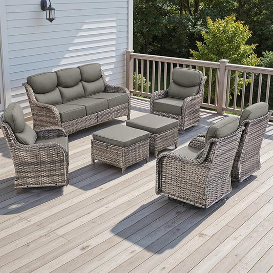 Wicker Outdoor Patio Furniture Set - 7 Piece Patio Conversation Sets with Swivel Rocker Chairs, Ottomans and Sofa, 6 inch Cushions, Waterproof Wicker, for Porch Deck Mixed Grey/Grey