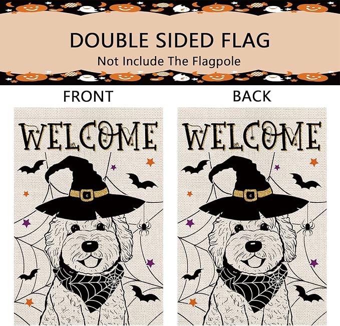 Halloween Garden Flag Golden Doodle Cobweb Bats Double Sided Vertical Welcome Flag Holiday Outdoor Yard Lawn Decorations 12.5 x 18 Inch