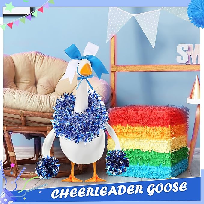 3 Pcs Cheerleader Porch Goose Outfit Poseable Wings with Pom Poms Garland and Bow for 23" Lawn Cement Goose Football Halloween Garden Patio Yard Outdoor Classroom Decorations(Blue)