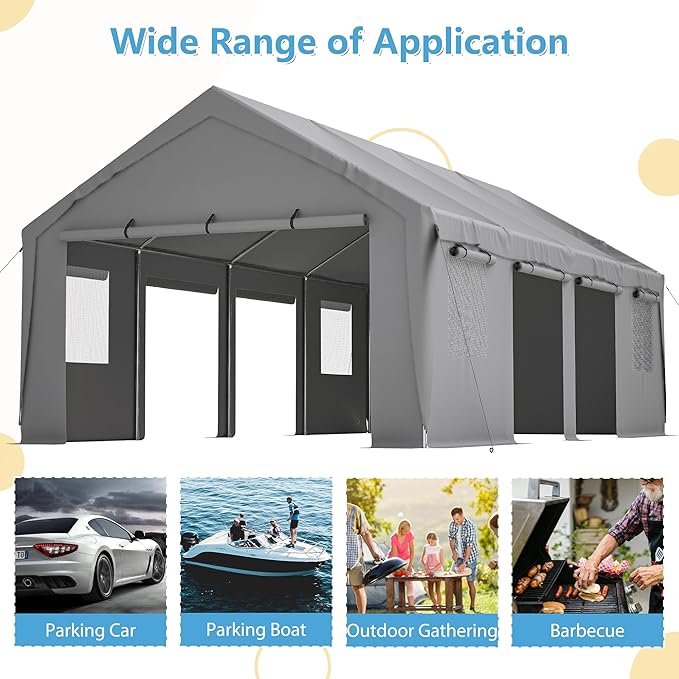 Carport 13'x25'x10' Heavy Duty with Roll-up Sidewall and Ventilated Windows, Portable Outdoor Garage for Car, SUV, Boat, Gray