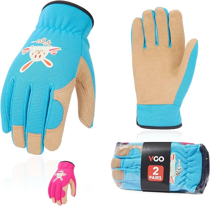 Vgo... 2-Pairs Age 5-6 Kids Gardening Gloves,Children Yard Work Gloves,Soft Safety Outdoor Playing Gloves (Size M,Blue&Purple Rabbit, KID-SL7362)