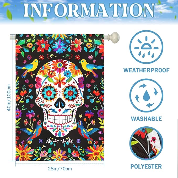 Day of the Dead Garden Flag Skull Welcome Floral House Banner Mexican Gothic Skeleton Flowers Birds Double-Sided Garden Flags Fiesta Dia DE Los Muertos Burlap Yard Flag 28x40 Inch