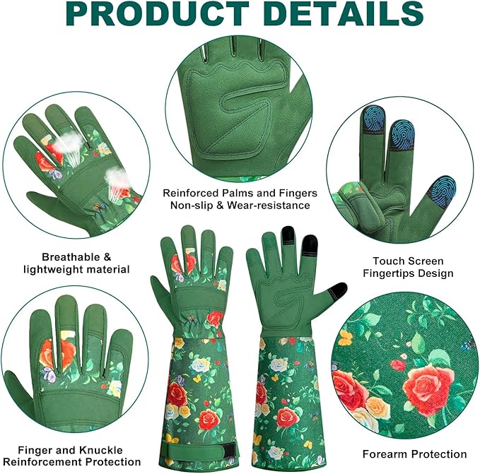 DLY Gardening Gloves,Leather Rose Gloves,Women's Long Glove for Gardening Work and Yard Work,Durable and Comfortable(Large, Green