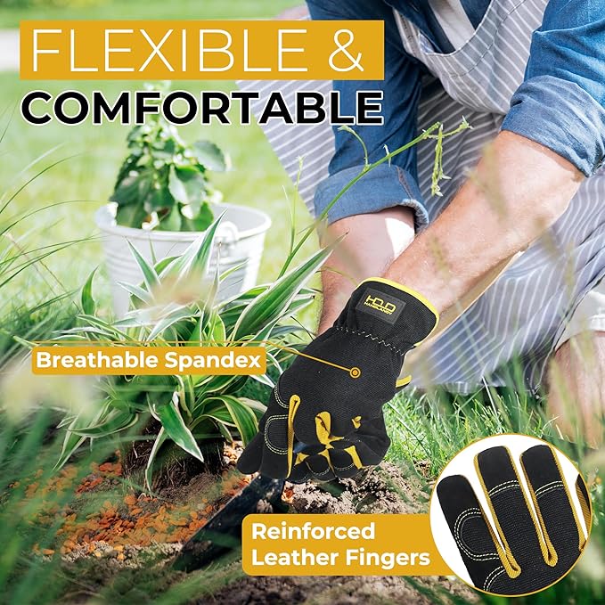 HANDLANDY Men Leather Gardening Gloves, Utility Work Gloves for Mechanics, Construction, Driver