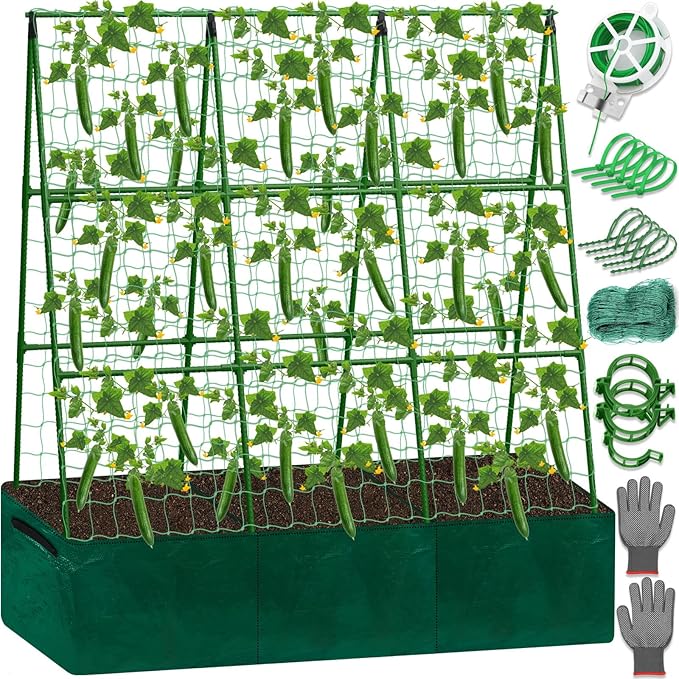 Cucumber Trellis for Garden, 50 x 54 Inches A Frame Gardening Trellis with Fabric Raised Garden Bed, Climbing Net and Plant Support Clips for Climbing Plants
