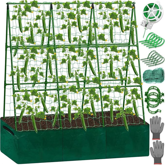 Cucumber Trellis for Garden, 50 x 54 Inches A Frame Gardening Trellis with Fabric Raised Garden Bed, Climbing Net and Plant Support Clips for Climbing Plants