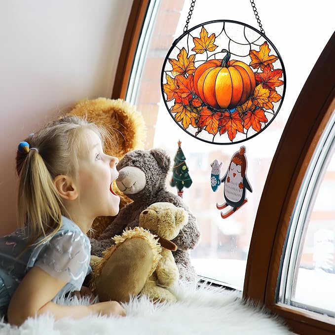 TNUW Fall Pumpkin Stained Glass Window Hanging, Farmhouse Autumn Pumpkin Maple Leaf Sun Catchers Indoor Window Glass Round Wall Art Decor, Rustic Fall Wall Hanging Decorations, 7.9＂x7.9＂