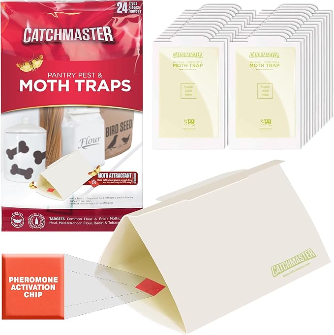 Catchmaster Pantry Pest & Moth Traps 24-Pk, Bug Killer for Kitchen Storage & Pantry Cabinet, Sticky Moth Traps for House, Protect Pet Food, Kitchen Cabinets Storage, Pet Safe Glue Trap