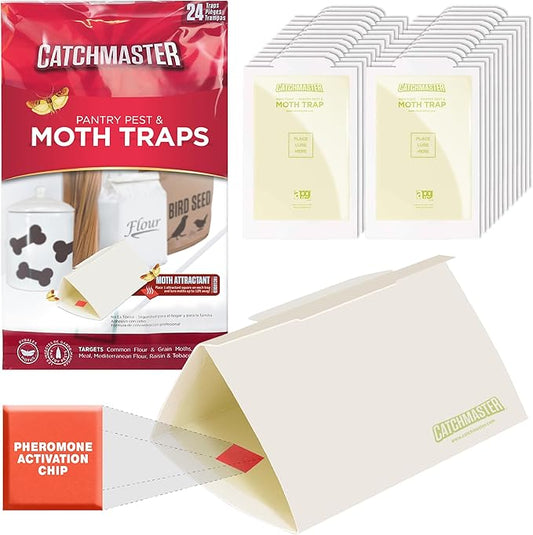 Catchmaster Pantry Pest & Moth Traps 24-Pk, Bug Killer for Kitchen Storage & Pantry Cabinet, Sticky Moth Traps for House, Protect Pet Food, Kitchen Cabinets Storage, Pet Safe Glue Trap