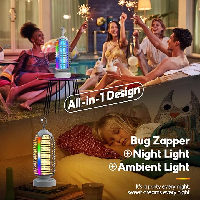 Bug Zapper with Marquee Light, Mosquito Zapper Indoor Outdoor, 4000mAh, Smart Auto On/Off Rechargeable Fly Zapper, Portable Waterproof Insect Killer for Home, Kitchen, Patio, Camping, Party - 2 Packs