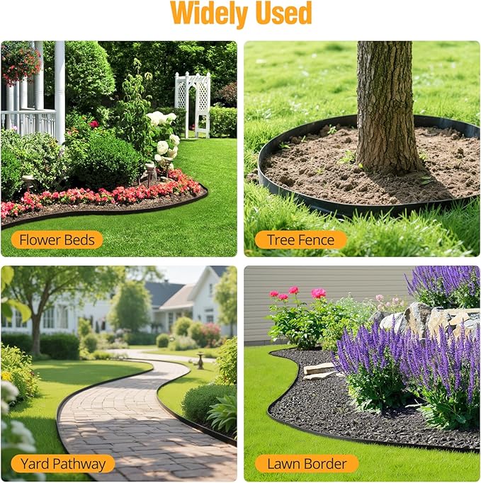 40FT No-Dig Landscape Edging, 2 Inch Tall Heavy Duty Plastic Garden Edging Border with 40 Anchoring Spikes for Lawn, Flower Bed & Decorative Yard (Black)