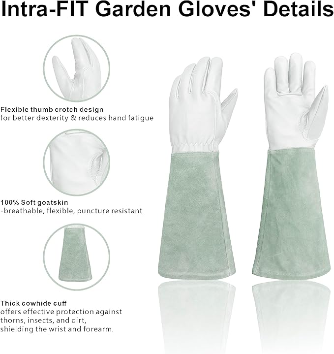 Leather Gardening Gloves – Goatskin Palm & Cowhide Cuff, Thorn-Resistant Long Garden Work Gloves for Men & Women(M)