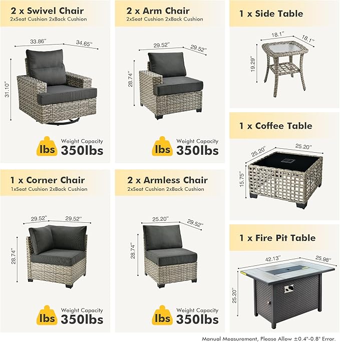 HOOOWOOO Outdoor Sectional Patio Furniture Set with Fire Pit Table,10 Pieces Wicker Conversation Sets L Shaped Couch,Extra Deep Out Door Sofa Outside Furniture with Swivel Chairs,Black