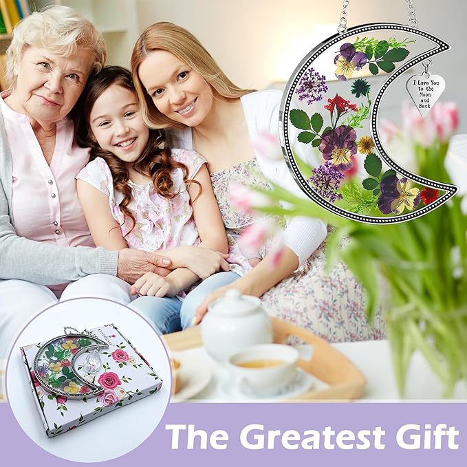 KY&BOSAM Moon Suncatcher I Love You to The Moon and Back Stained Glass for Window Hangings Wind Chime Decor with Pressed Real Flower and Metal Charm Birthday Gift for Women Mom Mother`s Day Christmas