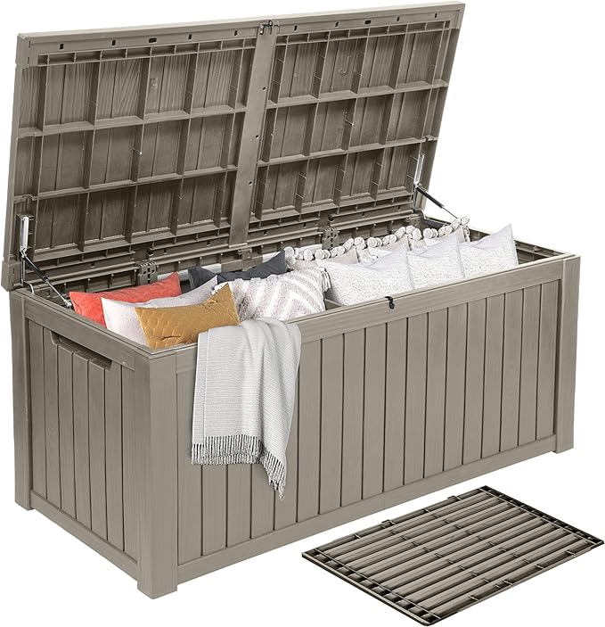 DWVO 150 Gallon XL Deck Box with Divider & Lockable Lid, Waterproof Resin Outdoor Storage for Patio, Garden, Poolside, Cushions, Supplies & Sports Gear, Light Brown