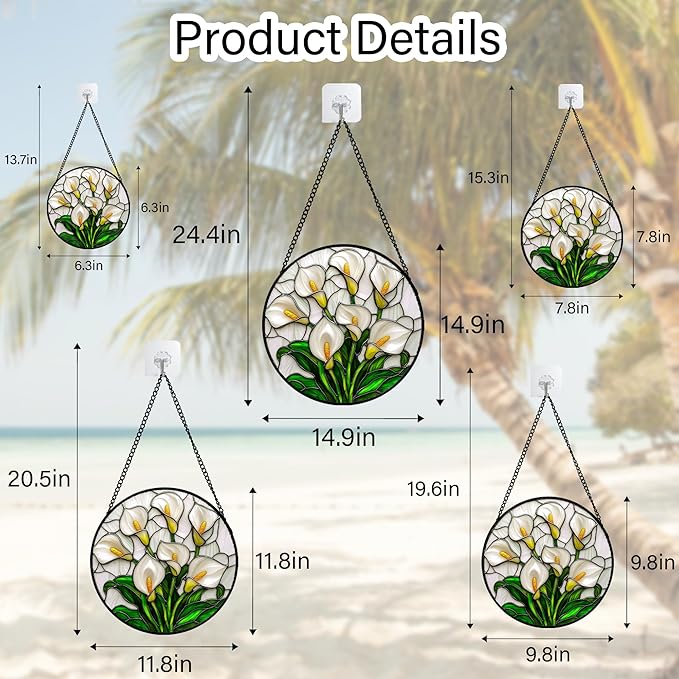 Stained Glass Window Hanging, White Calla Lily Suncatcher Diamond Glass Panel Hangings Flowers Sun Catchers Decor for Birthday for Women, Men, Wife, Aunt, and Mom 14.9x14.9 in