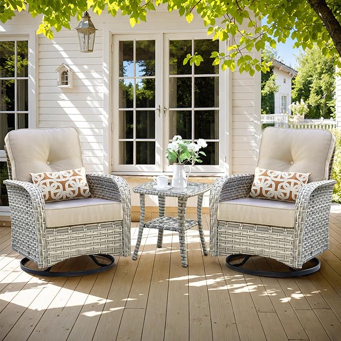 HOOOWOOO Outdoor Patio Bistro Set,3 Pieces Wicker Out Door Swivel Rocking Chair with Matching Side Table,Patio Furniture Sets,Beige