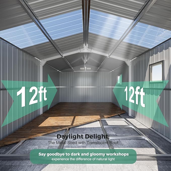 10x12 Metal Shed with Floor Frame Kit & Reinforced Construction - Translucent Roof Panels for Natural Light, Lockable Doors,Vents,Windows, Weatherproof Garden/Backyard/Patio Outdoor Storage