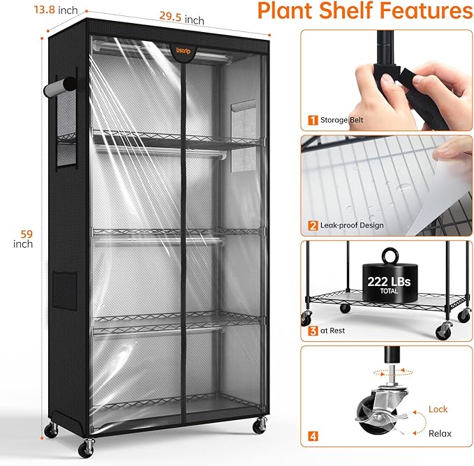 Indoor Greenhouse with Grow Light, Plant Stand with 4 Pack 5000K Full Spectrum Plant Lights , Plant Shelf with Tent for Indoor Plant, Seed Starting, Seed Tray, 29.5"x13.8"x59"